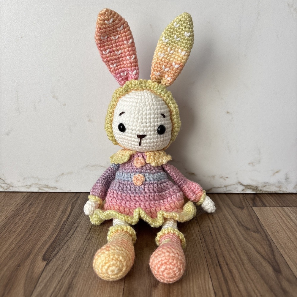 Handmade Crochet Bunny Rabbit 12" Stuffed Animal Plush Toy Pastel Rainbow Dress